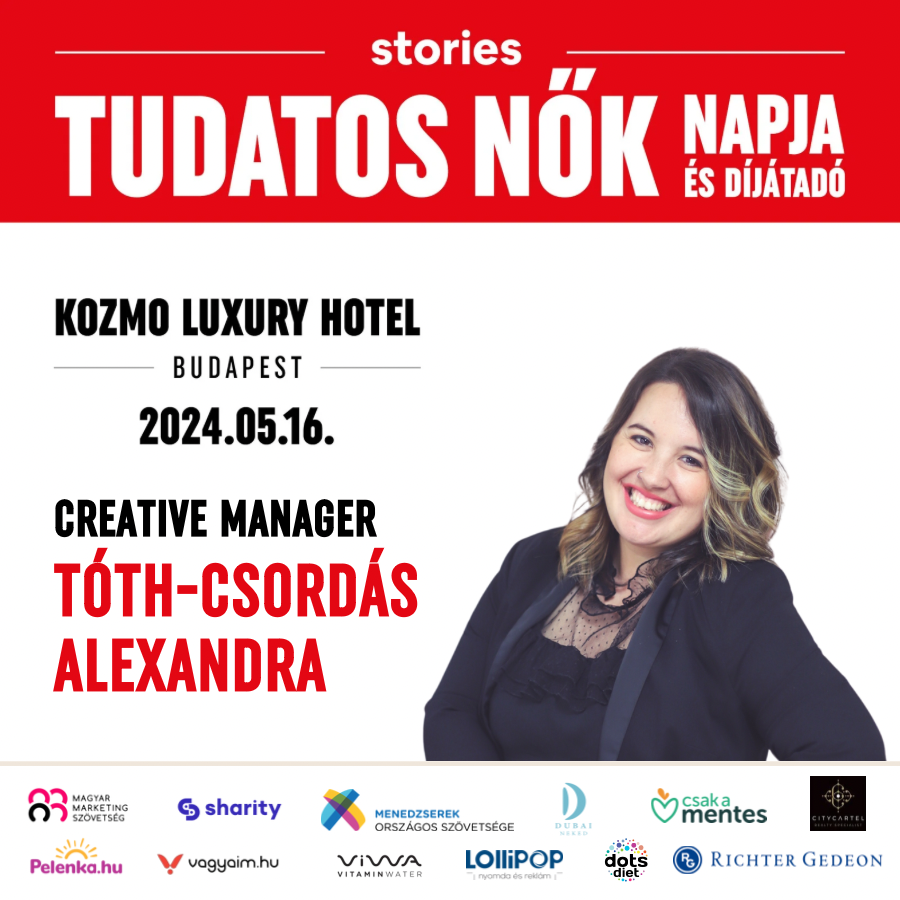 Fotó: a Tudatos Nők Napja és Díjátadó alkotói kártyája a Kozmo Luxury Hotel, Budapest, 2024.05.16. felirattal, a „Creative Manager – Tóth-Csordás Alexandra” megnevezéssel és a partnerek logóival.