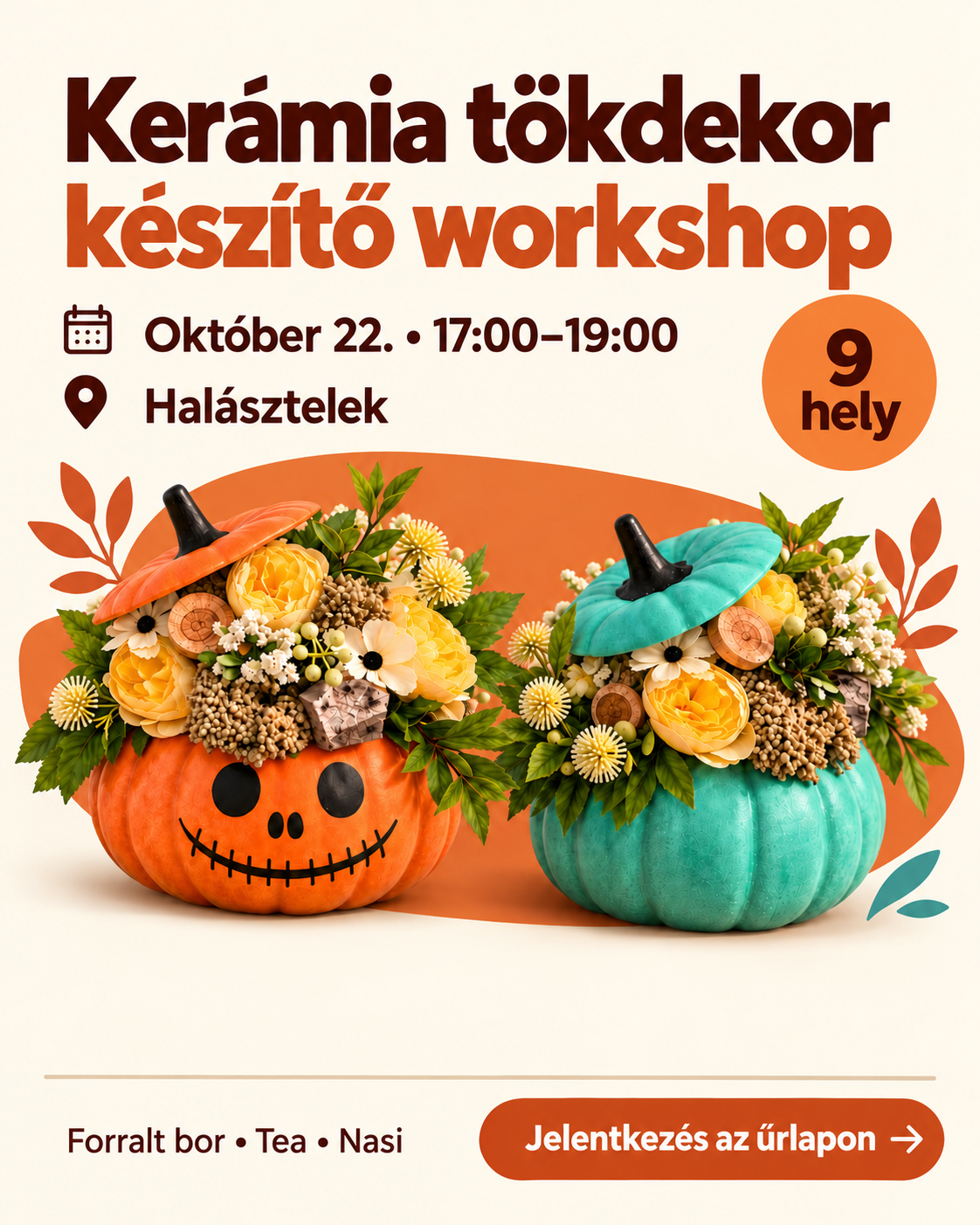 Hirdetőposzt: Kerámia tökdekor készítő workshop, október 22., Halásztelek – két kerámia tök virágokkal töltve.