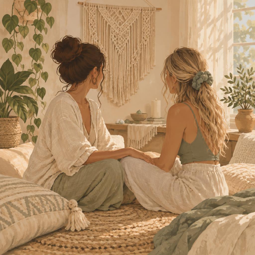 Illusztráció: két nő egymás felé fordulva egy napfényes, boho hangulatú térben.
